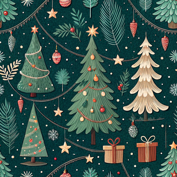 christmas trees, dark green background, forest green, coral red, cream, beige, holiday ornaments, gift boxes, garland, string lights, snowflakes, pine branches, festive pattern, winter theme,, fabric panel, decorative baubles, star toppers, presents, holiday motifs, seamless repeat, botanical elements