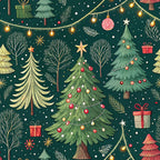christmas trees, forest green, emerald green, golden yellow, coral red, white dots, string lights, ornaments, gift boxes, winter branches, snowflakes, stars, festive pattern, holiday theme,, fabric panel, whimsical illustration, seasonal design, decorative baubles, pine trees