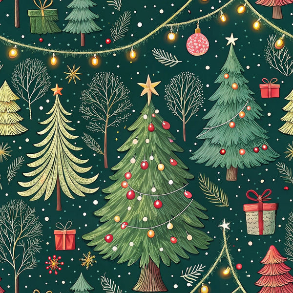christmas trees, forest green, emerald green, golden yellow, coral red, white dots, string lights, ornaments, gift boxes, winter branches, snowflakes, stars, festive pattern, holiday theme,, fabric panel, whimsical illustration, seasonal design, decorative baubles, pine trees