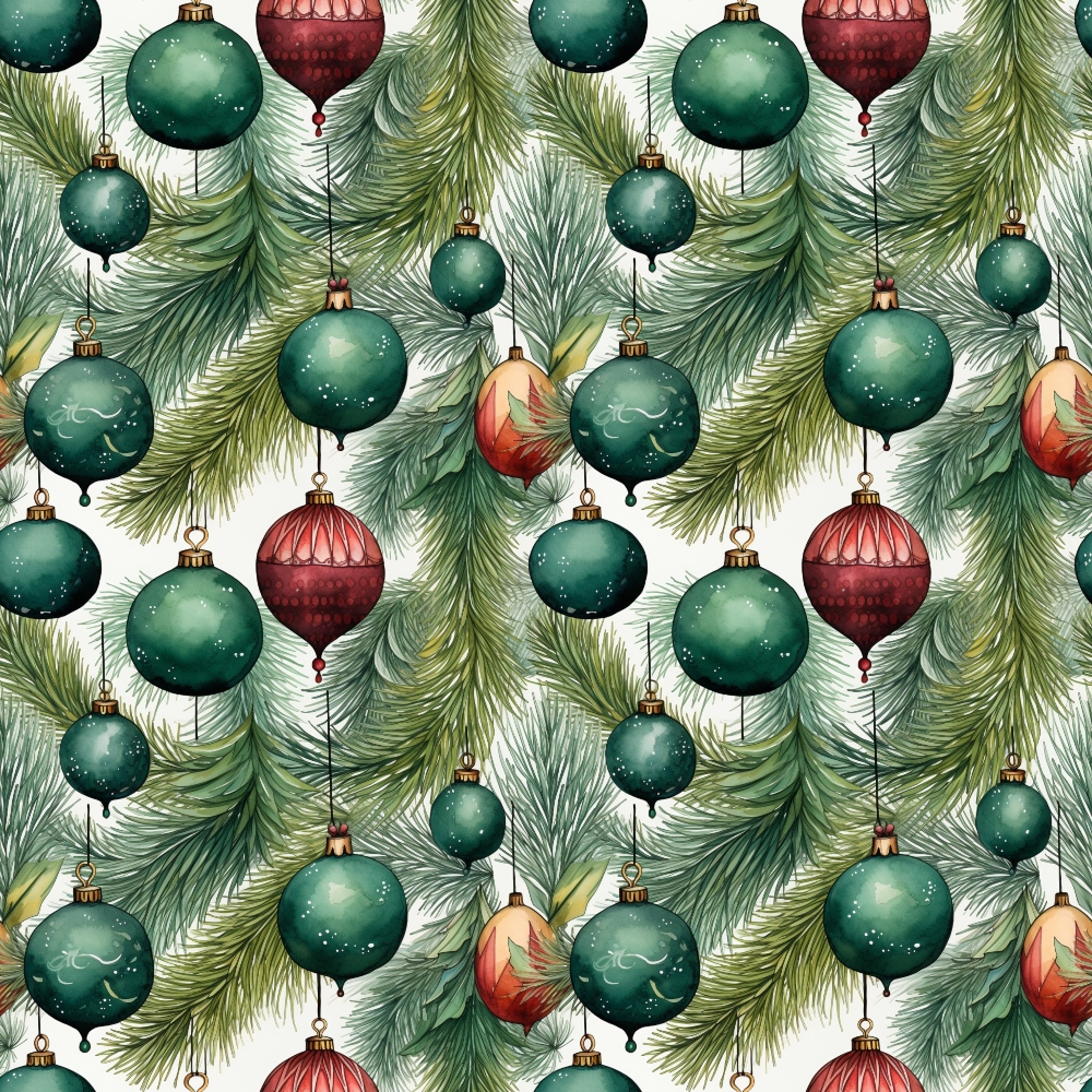 christmas ornaments, pine branches, evergreen needles, forest green, burgundy red, coral pink, gold accents, seamless pattern, holiday decorations, baubles, festive design, winter theme, repeating motif,, fabric panel, christmas pattern, seasonal fabric, ornament collection, pine foliage, holiday crafting