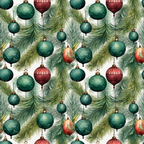 christmas ornaments, pine branches, evergreen needles, forest green, burgundy red, coral pink, gold accents, seamless pattern, holiday decorations, baubles, festive design, winter theme, repeating motif,, fabric panel, christmas pattern, seasonal fabric, ornament collection, pine foliage, holiday crafting