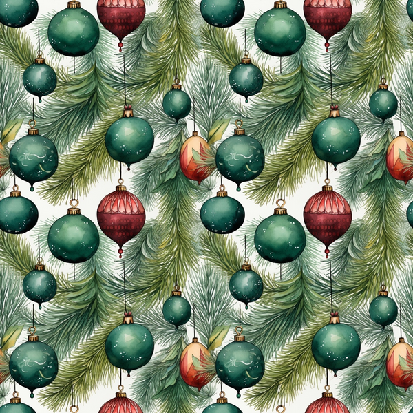 christmas ornaments, pine branches, evergreen needles, forest green, burgundy red, coral pink, gold accents, seamless pattern, holiday decorations, baubles, festive design, winter theme, repeating motif,, fabric panel, christmas pattern, seasonal fabric, ornament collection, pine foliage, holiday crafting