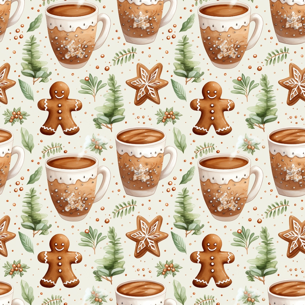 christmas pattern,, fabric panel, gingerbread cookies, hot chocolate mugs, star cookies, green foliage, brown tones, cream background, holiday treats, festive motifs, seasonal design, gingerbread men, coffee cups, winter beverages, cookie decorations, repeating pattern, cozy theme, holiday baking, christmas cookies