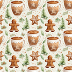 christmas pattern,, fabric panel, gingerbread cookies, hot chocolate mugs, star cookies, green foliage, brown tones, cream background, holiday treats, festive motifs, seasonal design, gingerbread men, coffee cups, winter beverages, cookie decorations, repeating pattern, cozy theme, holiday baking, christmas cookies