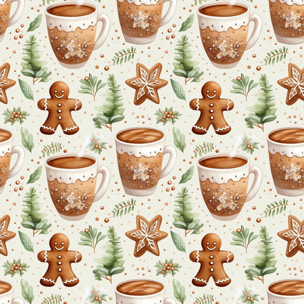 christmas pattern,, fabric panel, gingerbread cookies, hot chocolate mugs, star cookies, green foliage, brown tones, cream background, holiday treats, festive motifs, seasonal design, gingerbread men, coffee cups, winter beverages, cookie decorations, repeating pattern, cozy theme, holiday baking, christmas cookies