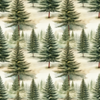 green, beige, cream, forest pattern, evergreen trees, pine trees, coniferous forest, nature scene, woodland, misty background, watercolor style, repeating pattern,, fabric panel, christmas fabric, winter theme, botanical design, tree silhouettes, layered landscape, organic motifs