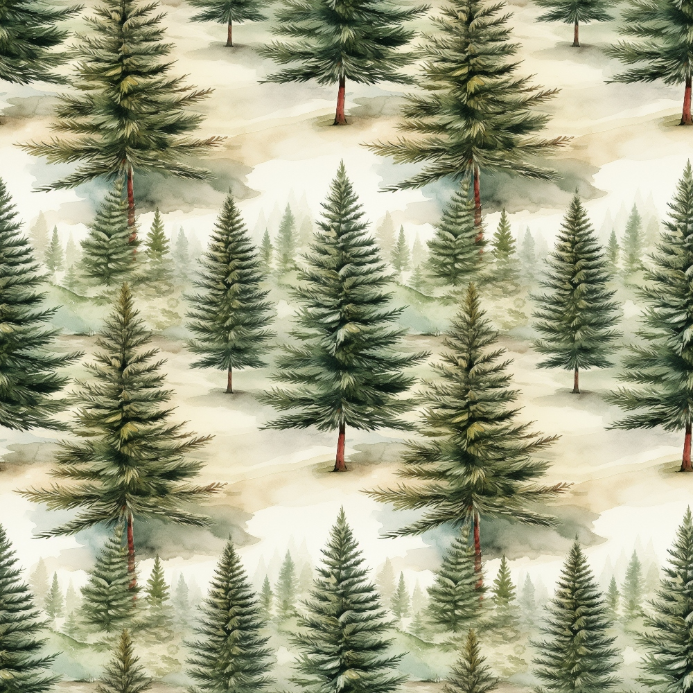 green, beige, cream, forest pattern, evergreen trees, pine trees, coniferous forest, nature scene, woodland, misty background, watercolor style, repeating pattern,, fabric panel, christmas fabric, winter theme, botanical design, tree silhouettes, layered landscape, organic motifs