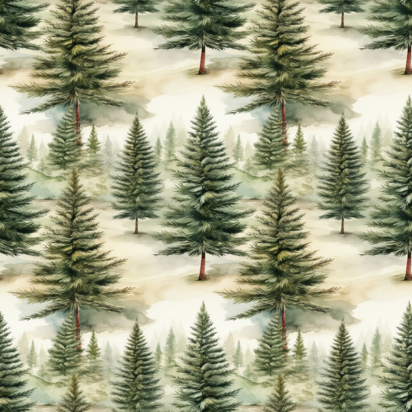 green, beige, cream, forest pattern, evergreen trees, pine trees, coniferous forest, nature scene, woodland, misty background, watercolor style, repeating pattern,, fabric panel, christmas fabric, winter theme, botanical design, tree silhouettes, layered landscape, organic motifs
