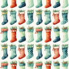 christmas stockings, watercolor style, polka dots, stripes, green, red, teal, orange, holly leaves, berries, festive pattern,, fabric panel, holiday theme, winter motifs, repeating design, soft colors, decorative stockings, christmas greenery, seasonal fabric