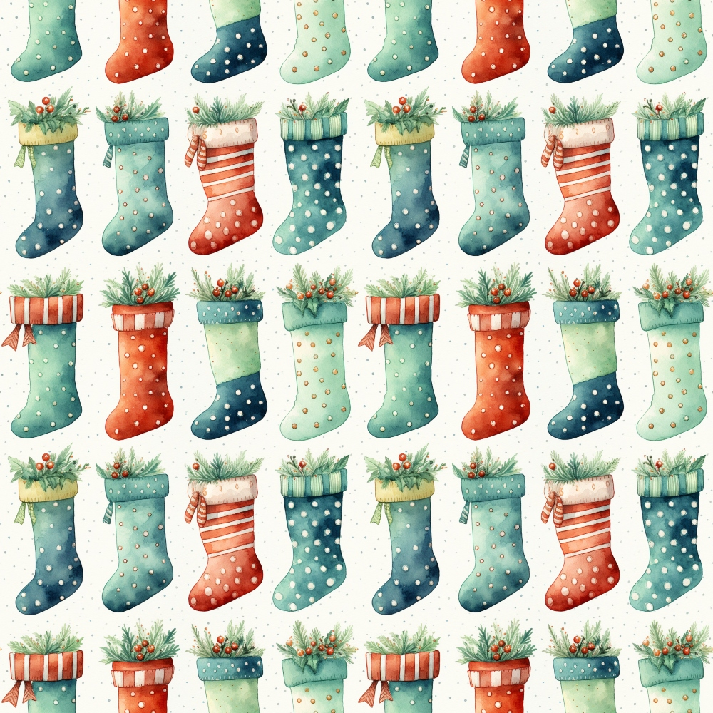 christmas stockings, watercolor style, polka dots, stripes, green, red, teal, orange, holly leaves, berries, festive pattern,, fabric panel, holiday theme, winter motifs, repeating design, soft colors, decorative stockings, christmas greenery, seasonal fabric