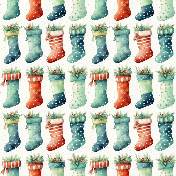 christmas stockings, watercolor style, polka dots, stripes, green, red, teal, orange, holly leaves, berries, festive pattern,, fabric panel, holiday theme, winter motifs, repeating design, soft colors, decorative stockings, christmas greenery, seasonal fabric
