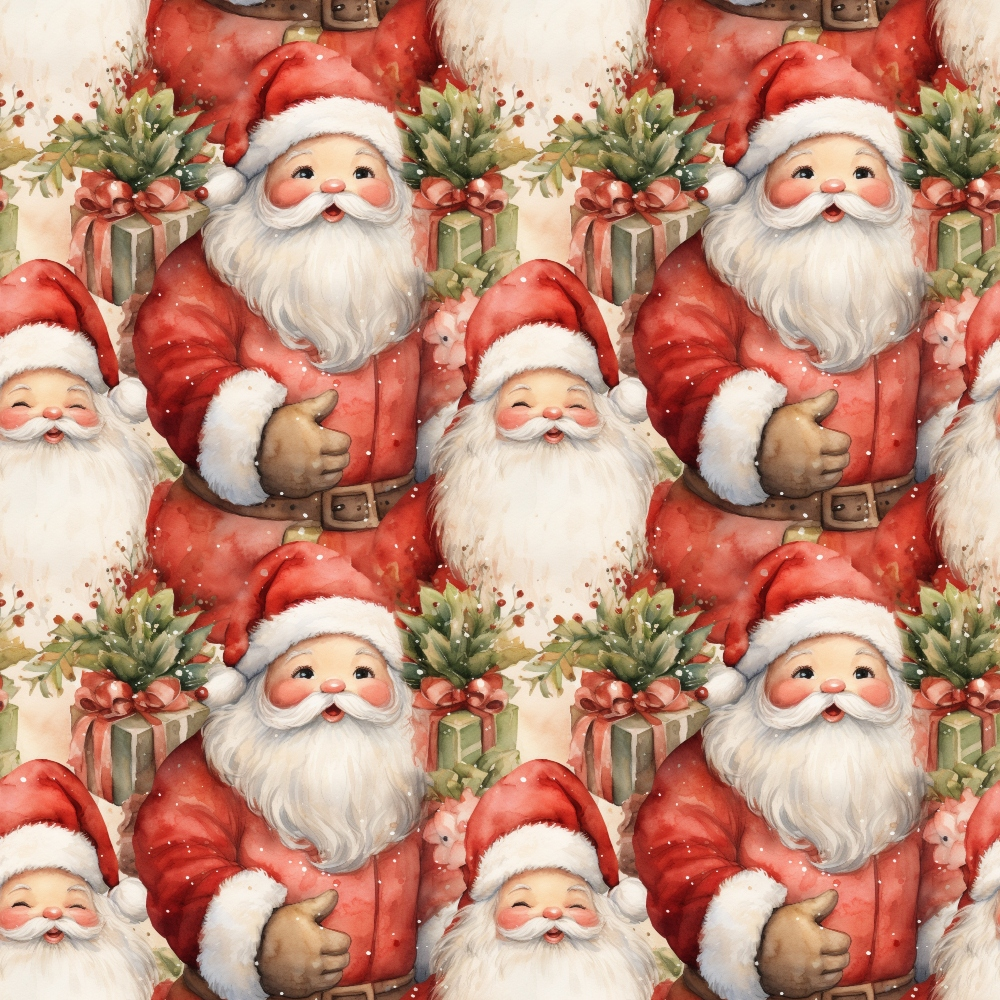 santa claus, christmas pattern, red suit, white beard, gift boxes, presents, green ribbons, rosy cheeks, jolly expression, repeating pattern, vintage style, festive design,, fabric panel, holiday theme, winter motif, nostalgic illustration, christmas decor, seasonal fabric, craft material