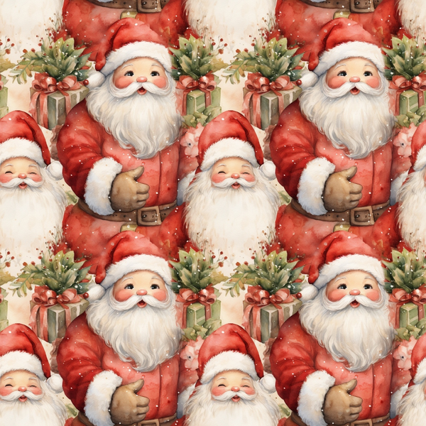 santa claus, christmas pattern, red suit, white beard, gift boxes, presents, green ribbons, rosy cheeks, jolly expression, repeating pattern, vintage style, festive design,, fabric panel, holiday theme, winter motif, nostalgic illustration, christmas decor, seasonal fabric, craft material