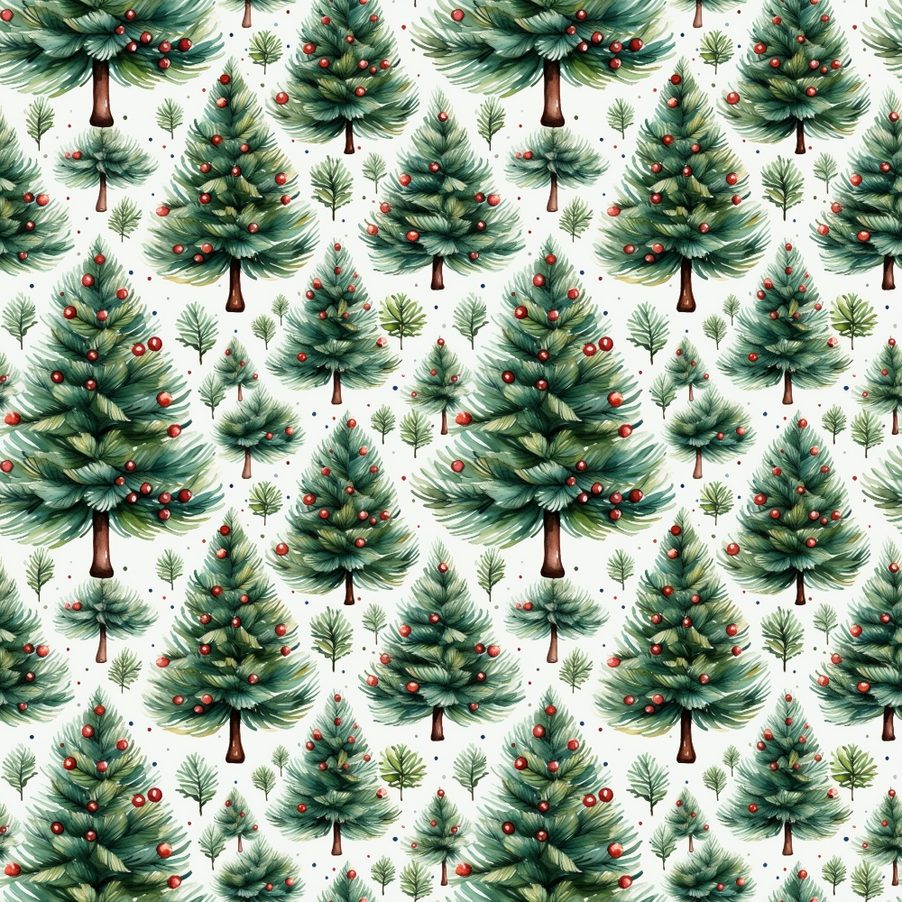 christmas trees, evergreen, pine trees, red ornaments, forest green, brown trunks, white background, holiday pattern, repeating design, winter theme, festive, christmas decorations,, fabric panel, seasonal motif, scattered dots, coniferous trees, holiday crafting, red berries, green foliage