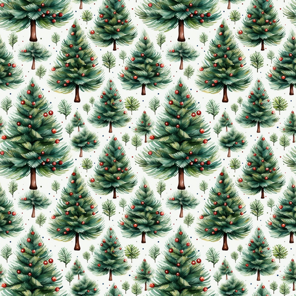 christmas trees, evergreen, pine trees, red ornaments, forest green, brown trunks, white background, holiday pattern, repeating design, winter theme, festive, christmas decorations,, fabric panel, seasonal motif, scattered dots, coniferous trees, holiday crafting, red berries, green foliage