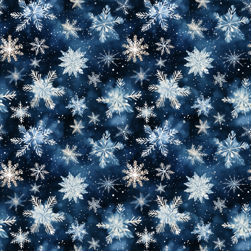 navy blue, midnight blue, white, silver, snowflakes, winter pattern, crystalline designs, starry night, snow crystals, geometric snowflakes, delicate details, winter wonderland, frost patterns, ice crystals,, fabric panel, christmas fabric, holiday theme, repeating pattern, winter motifs