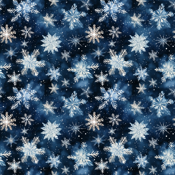 navy blue, midnight blue, white, silver, snowflakes, winter pattern, crystalline designs, starry night, snow crystals, geometric snowflakes, delicate details, winter wonderland, frost patterns, ice crystals,, fabric panel, christmas fabric, holiday theme, repeating pattern, winter motifs