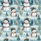 snowmen, winter scene, christmas pattern,, fabric panel, blue background, white snow, evergreen trees, orange carrot noses, striped scarves, black top hats, winter landscape, holiday motif, snowy forest, cheerful snowmen, repeating pattern, festive design, winter wonderland, coal buttons, bare trees