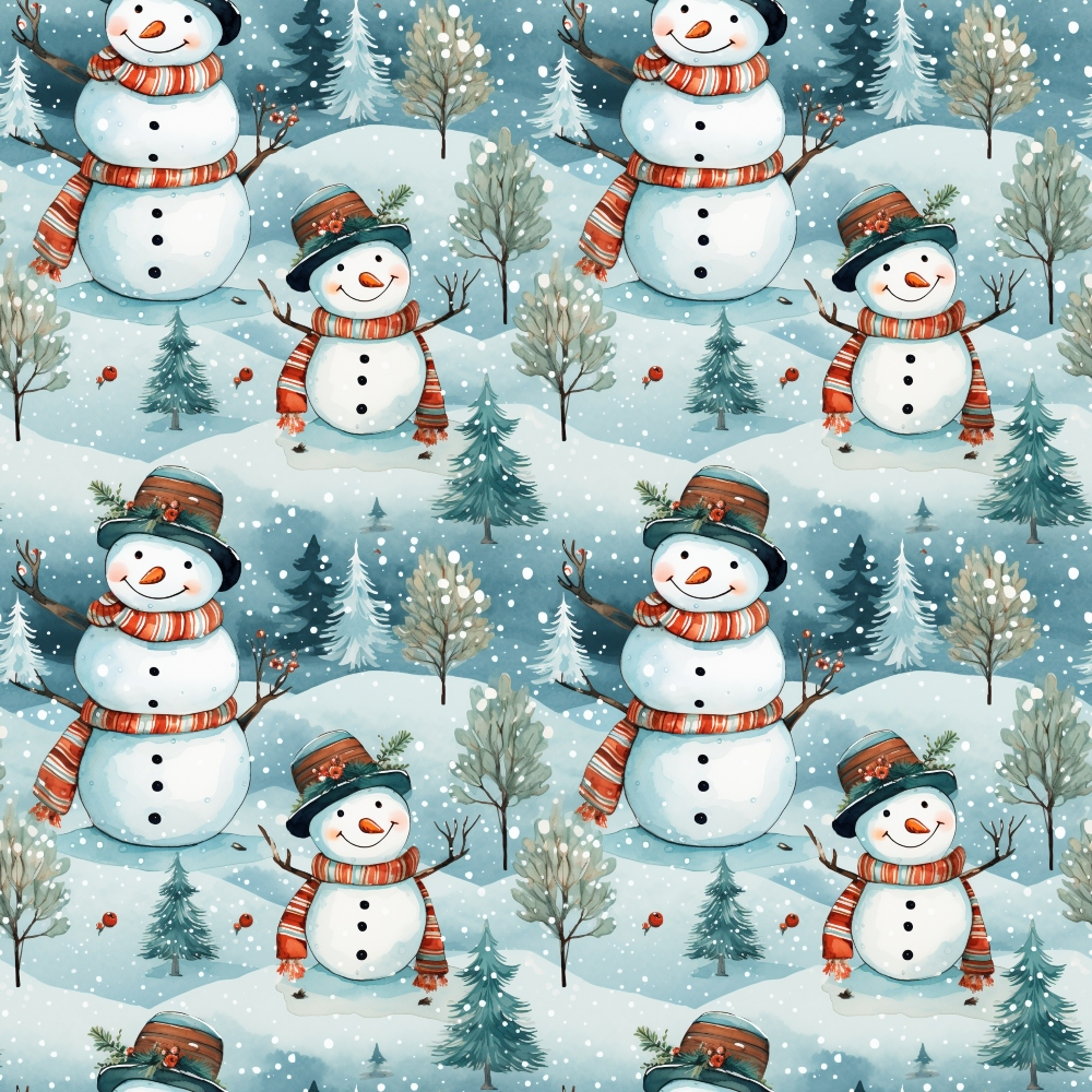 snowmen, winter scene, christmas pattern,, fabric panel, blue background, white snow, evergreen trees, orange carrot noses, striped scarves, black top hats, winter landscape, holiday motif, snowy forest, cheerful snowmen, repeating pattern, festive design, winter wonderland, coal buttons, bare trees