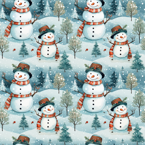 snowmen, winter scene, christmas pattern,, fabric panel, blue background, white snow, evergreen trees, orange carrot noses, striped scarves, black top hats, winter landscape, holiday motif, snowy forest, cheerful snowmen, repeating pattern, festive design, winter wonderland, coal buttons, bare trees
