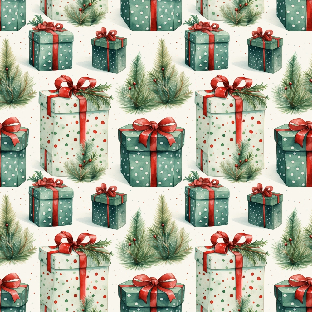 green, red, white, cream, gift boxes, present boxes, polka dots, pine branches, evergreen sprigs, red ribbons, bows, christmas pattern, holiday theme, winter motif, repeating design,, fabric panel, festive colors, wrapped gifts, botanical elements