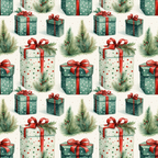 green, red, white, cream, gift boxes, present boxes, polka dots, pine branches, evergreen sprigs, red ribbons, bows, christmas pattern, holiday theme, winter motif, repeating design,, fabric panel, festive colors, wrapped gifts, botanical elements