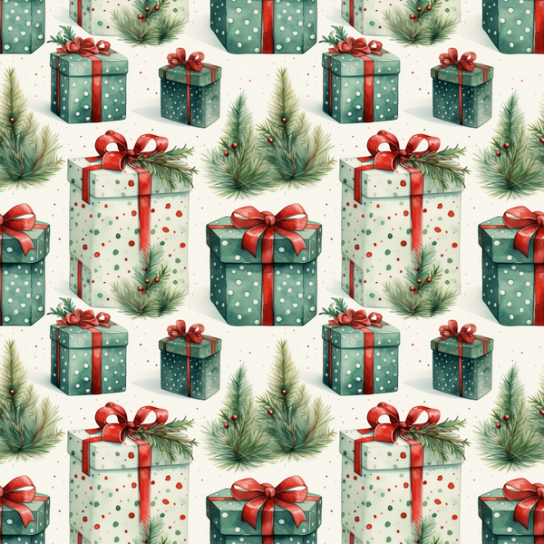 green, red, white, cream, gift boxes, present boxes, polka dots, pine branches, evergreen sprigs, red ribbons, bows, christmas pattern, holiday theme, winter motif, repeating design,, fabric panel, festive colors, wrapped gifts, botanical elements