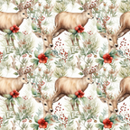 deer, stags, antlers, red berries, green foliage, botanical elements, watercolor style, winter flora, christmas theme,, fabric panel, seamless pattern, nature motifs, woodland animals, holiday fabric, soft browns, muted greens, coral red, repeating design, festive botanical