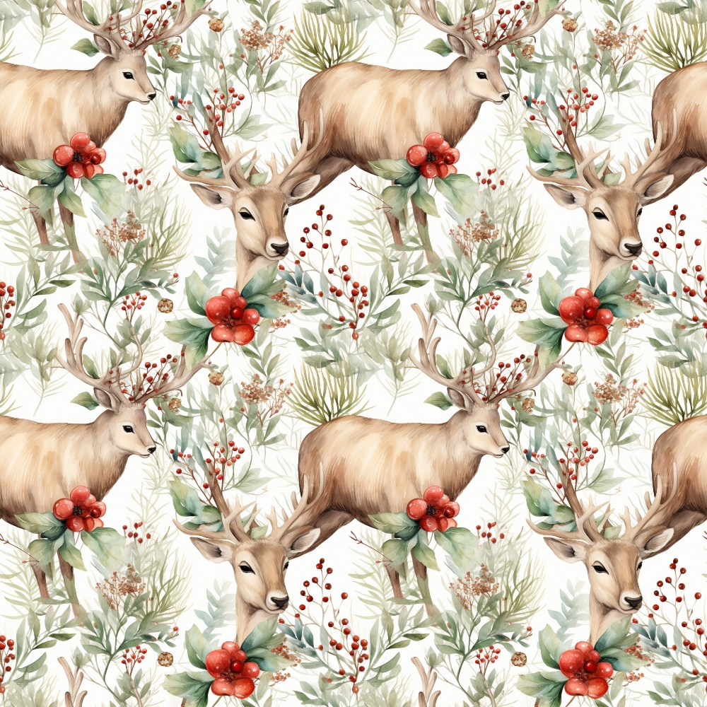 deer, stags, antlers, red berries, green foliage, botanical elements, watercolor style, winter flora, christmas theme,, fabric panel, seamless pattern, nature motifs, woodland animals, holiday fabric, soft browns, muted greens, coral red, repeating design, festive botanical