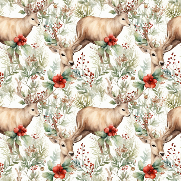 deer, stags, antlers, red berries, green foliage, botanical elements, watercolor style, winter flora, christmas theme,, fabric panel, seamless pattern, nature motifs, woodland animals, holiday fabric, soft browns, muted greens, coral red, repeating design, festive botanical