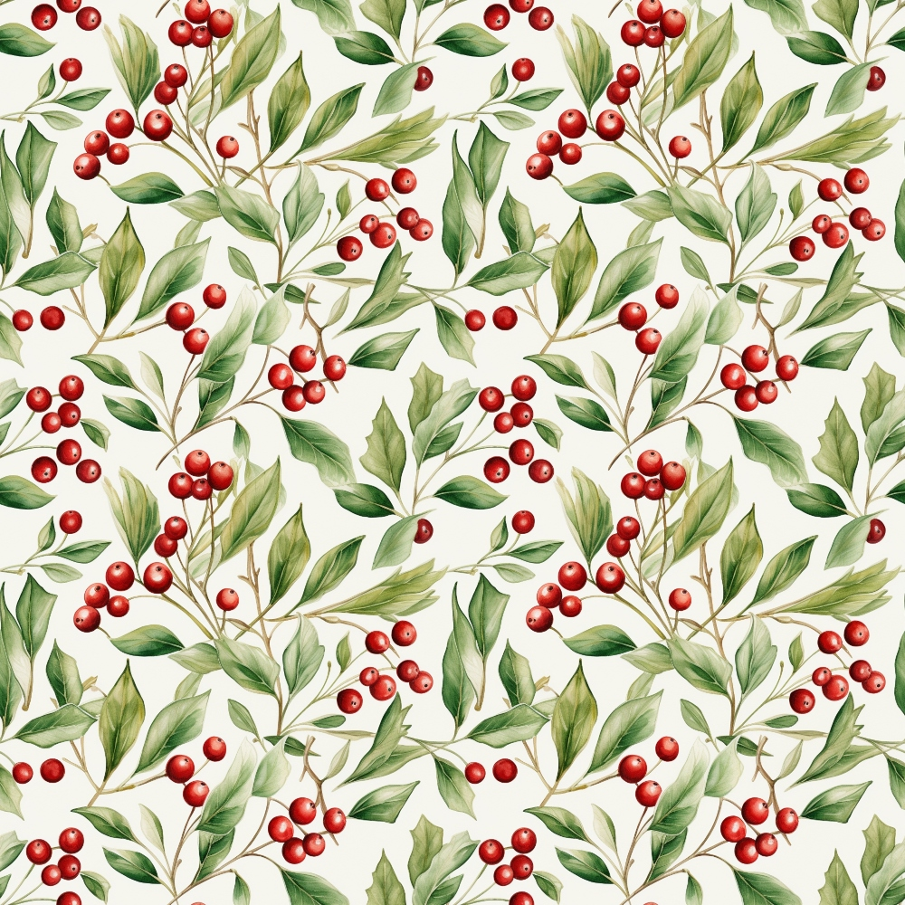red berries, green leaves, cream background, botanical pattern, holly branches, christmas foliage, winter berries, seamless repeat, watercolor style,, fabric panel, holiday theme, festive design, natural elements, berry clusters, leaf motifs, christmas greenery, seasonal pattern, crafting fabric, nature inspired