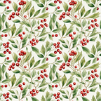 red berries, green leaves, cream background, botanical pattern, holly branches, christmas foliage, winter berries, seamless repeat, watercolor style,, fabric panel, holiday theme, festive design, natural elements, berry clusters, leaf motifs, christmas greenery, seasonal pattern, crafting fabric, nature inspired
