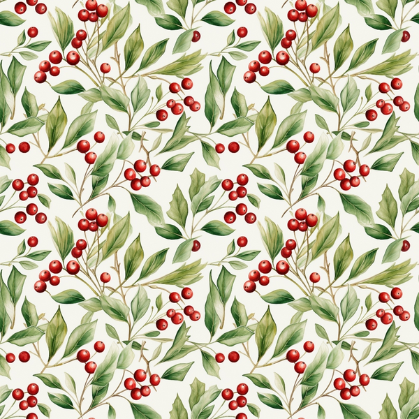 red berries, green leaves, cream background, botanical pattern, holly branches, christmas foliage, winter berries, seamless repeat, watercolor style,, fabric panel, holiday theme, festive design, natural elements, berry clusters, leaf motifs, christmas greenery, seasonal pattern, crafting fabric, nature inspired