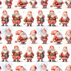red, white, pink, santa claus, christmas pattern, repeating design, holiday characters, jolly santa, gift bag, waving santa,, fabric panel, christmas theme, festive design, winter holiday, cartoon style, cheerful mood, seasonal fabric, craft material, sewing supply
