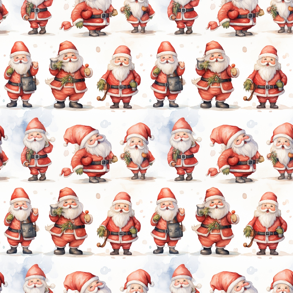 red, white, pink, santa claus, christmas pattern, repeating design, holiday characters, jolly santa, gift bag, waving santa,, fabric panel, christmas theme, festive design, winter holiday, cartoon style, cheerful mood, seasonal fabric, craft material, sewing supply