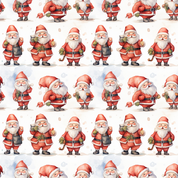 red, white, pink, santa claus, christmas pattern, repeating design, holiday characters, jolly santa, gift bag, waving santa,, fabric panel, christmas theme, festive design, winter holiday, cartoon style, cheerful mood, seasonal fabric, craft material, sewing supply