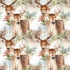 watercolor deer, winter pattern, brown reindeer, red berries, green foliage, antlers, woodland animals, soft pastels, christmas theme,, fabric panel, nature scene, forest creatures, holiday motif, repeating design, gentle artwork, pine branches, winter berries, doe and buck, seamless pattern