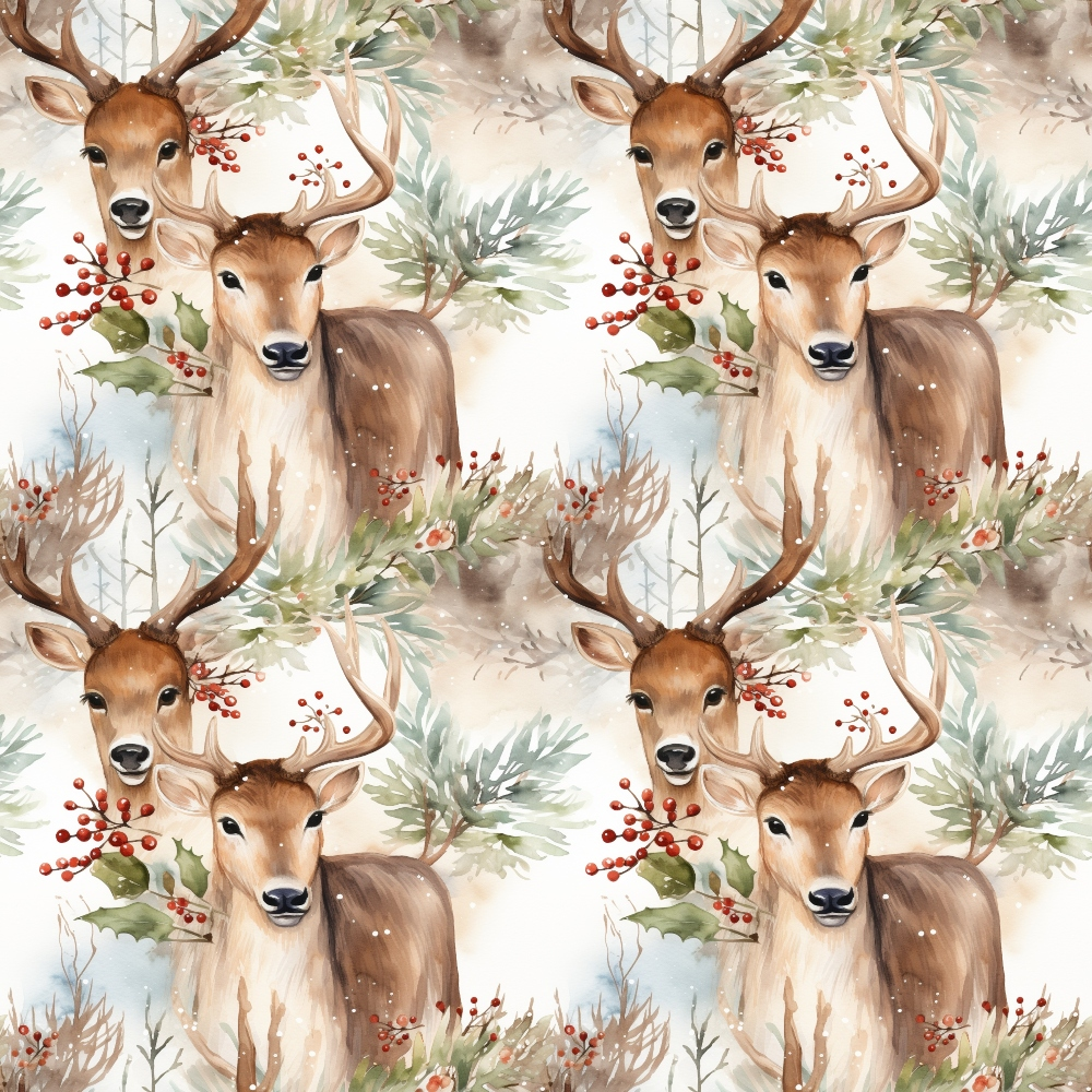 watercolor deer, winter pattern, brown reindeer, red berries, green foliage, antlers, woodland animals, soft pastels, christmas theme,, fabric panel, nature scene, forest creatures, holiday motif, repeating design, gentle artwork, pine branches, winter berries, doe and buck, seamless pattern