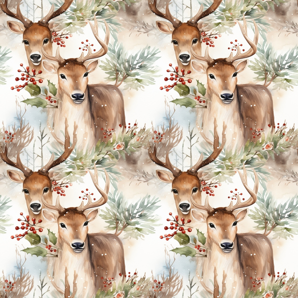 watercolor deer, winter pattern, brown reindeer, red berries, green foliage, antlers, woodland animals, soft pastels, christmas theme,, fabric panel, nature scene, forest creatures, holiday motif, repeating design, gentle artwork, pine branches, winter berries, doe and buck, seamless pattern