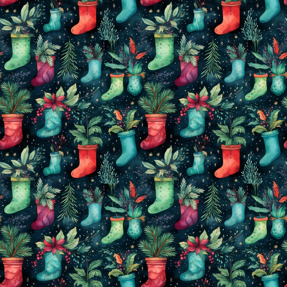 christmas stockings, holiday pattern, watercolor style, dark navy background, red stockings, green stockings, blue stockings, evergreen branches, pine needles, holiday foliage, festive plants, winter berries, golden stars, seamless repeat,, fabric panel, christmas theme, holiday crafting, botanical elements, winter greenery