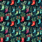 christmas stockings, holiday pattern, watercolor style, dark navy background, red stockings, green stockings, blue stockings, evergreen branches, pine needles, holiday foliage, festive plants, winter berries, golden stars, seamless repeat,, fabric panel, christmas theme, holiday crafting, botanical elements, winter greenery