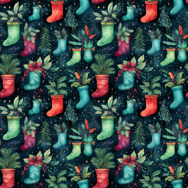 christmas stockings, holiday pattern, watercolor style, dark navy background, red stockings, green stockings, blue stockings, evergreen branches, pine needles, holiday foliage, festive plants, winter berries, golden stars, seamless repeat,, fabric panel, christmas theme, holiday crafting, botanical elements, winter greenery