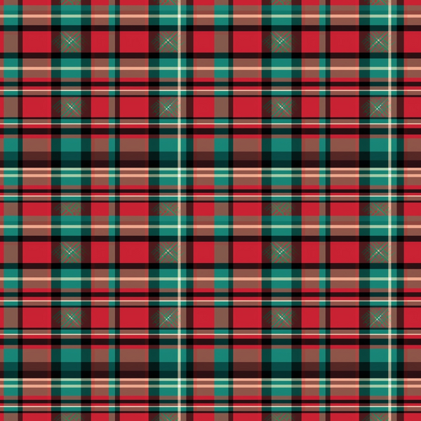 red, green, teal, brown, black, cream, plaid pattern, tartan design, crosshatch details, geometric lines, christmas colors, holiday theme,, fabric panel, festive pattern, winter colors, checkered design, woven appearance, seasonal fabric, christmas plaid