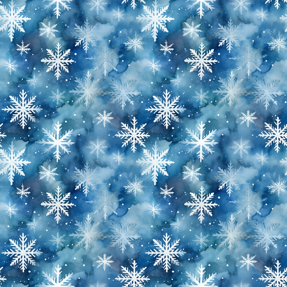 blue, white, snowflakes, winter pattern, watercolor background, geometric snowflakes, repeating pattern,, fabric panel, christmas theme, holiday motif, icy blue, celestial design, frozen crystals, seasonal fabric, winter wonderland, delicate snowflakes, textile design, crafting material
