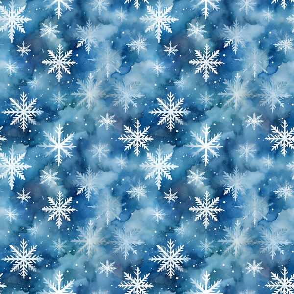 blue, white, snowflakes, winter pattern, watercolor background, geometric snowflakes, repeating pattern,, fabric panel, christmas theme, holiday motif, icy blue, celestial design, frozen crystals, seasonal fabric, winter wonderland, delicate snowflakes, textile design, crafting material