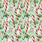 candy canes, holly leaves, red stripes, white stripes, mint green background, christmas pattern, repeating design, peppermint candy, festive motif, holiday theme,, fabric panel, watercolor style, seasonal print, winter elements, scattered arrangement, botanical accents, confectionery design, cheerful mood, crafting material
