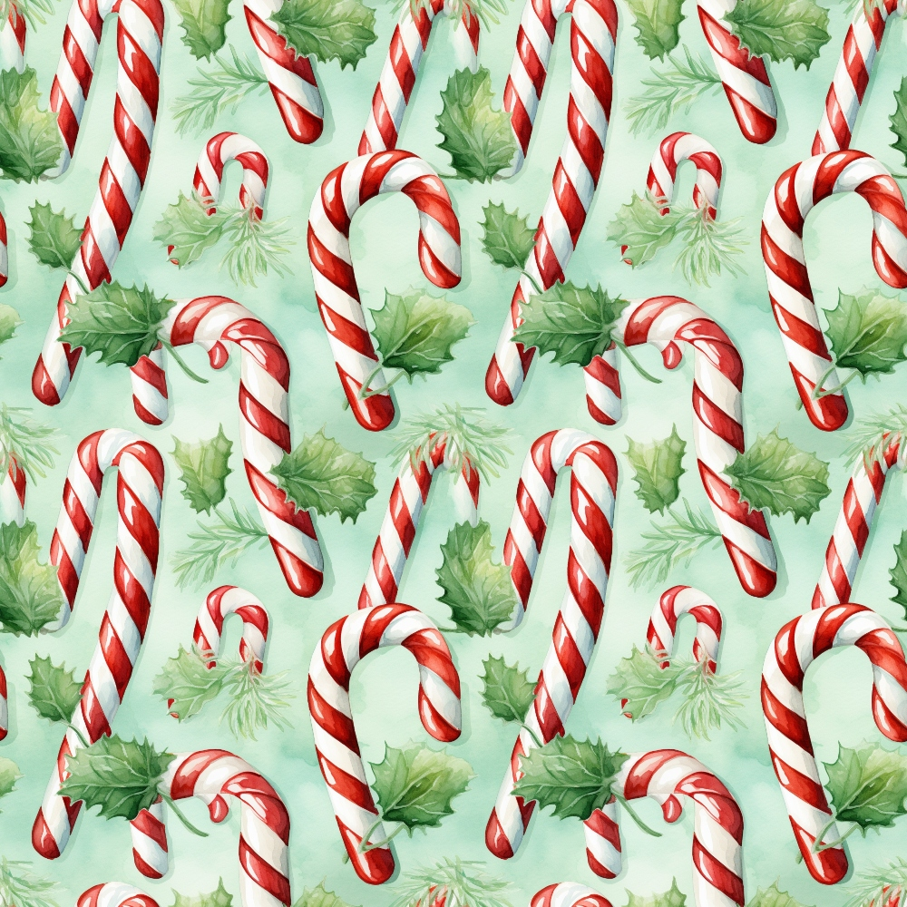candy canes, holly leaves, red stripes, white stripes, mint green background, christmas pattern, repeating design, peppermint candy, festive motif, holiday theme,, fabric panel, watercolor style, seasonal print, winter elements, scattered arrangement, botanical accents, confectionery design, cheerful mood, crafting material