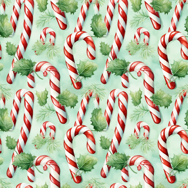 candy canes, holly leaves, red stripes, white stripes, mint green background, christmas pattern, repeating design, peppermint candy, festive motif, holiday theme,, fabric panel, watercolor style, seasonal print, winter elements, scattered arrangement, botanical accents, confectionery design, cheerful mood, crafting material