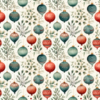 christmas ornaments, winter botanicals, teal blue, coral red, sage green, cream background, repeating pattern, holiday decorations, watercolor style, festive motifs,, fabric panel, seasonal design, ornament baubles, winter foliage, botanical elements, christmas theme, decorative pattern, soft colors, holiday crafting