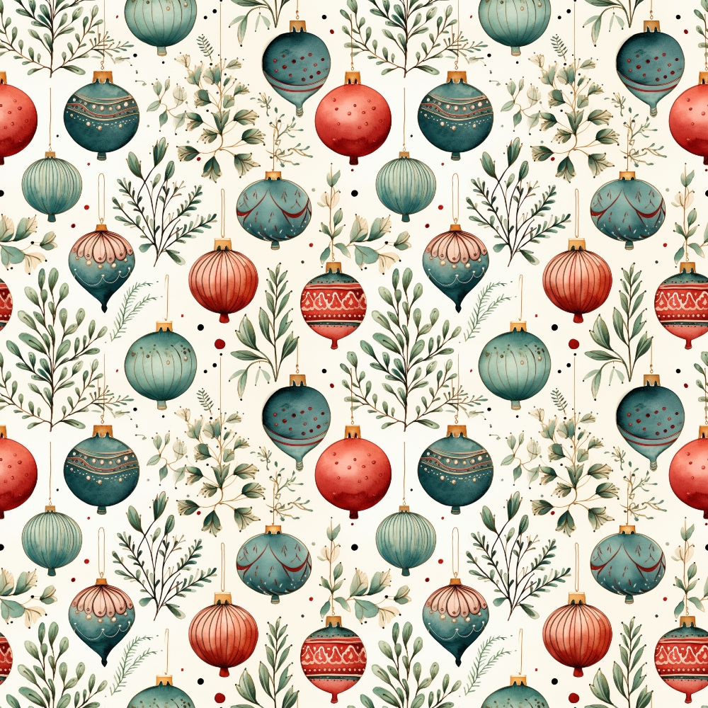 christmas ornaments, winter botanicals, teal blue, coral red, sage green, cream background, repeating pattern, holiday decorations, watercolor style, festive motifs,, fabric panel, seasonal design, ornament baubles, winter foliage, botanical elements, christmas theme, decorative pattern, soft colors, holiday crafting